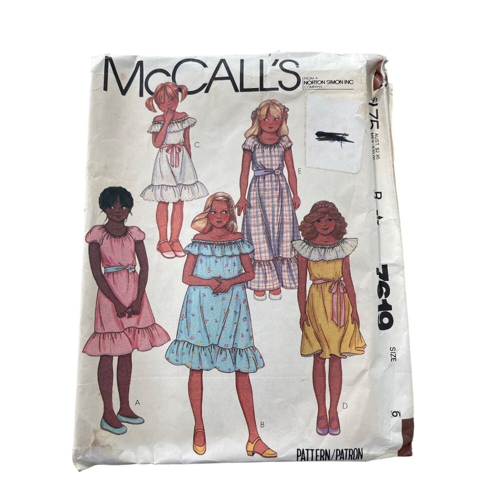 80s McCalls 7619 Sewing Pattern Size 6 Girls Childrens Pullover Dress Retro CUT
